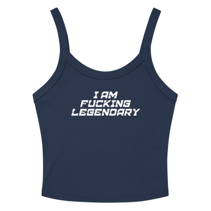 "I Am Fucking Legendary" printed on a solid navy blend women's micro-rib tanktop laying on a flat surface amongst sunglasses and shorts