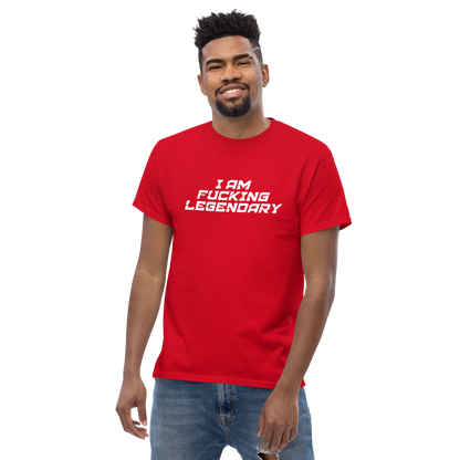 "I Am Fucking Legendary" printed on a red unisex classic tee worn by a male