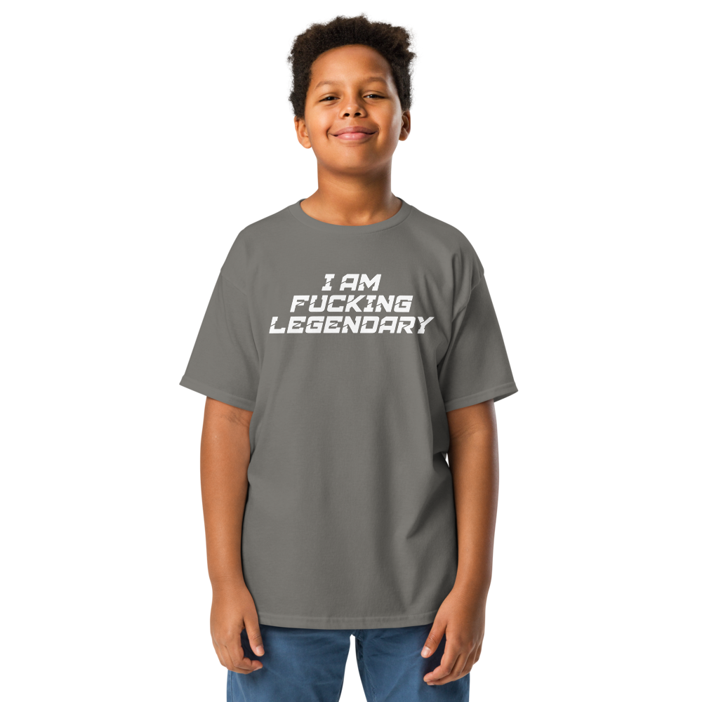 "I Am Fucking Legendary" printed on a charcoal youth classic tee worn by a male