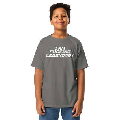 "I Am Fucking Legendary" printed on a charcoal youth classic tee worn by a male