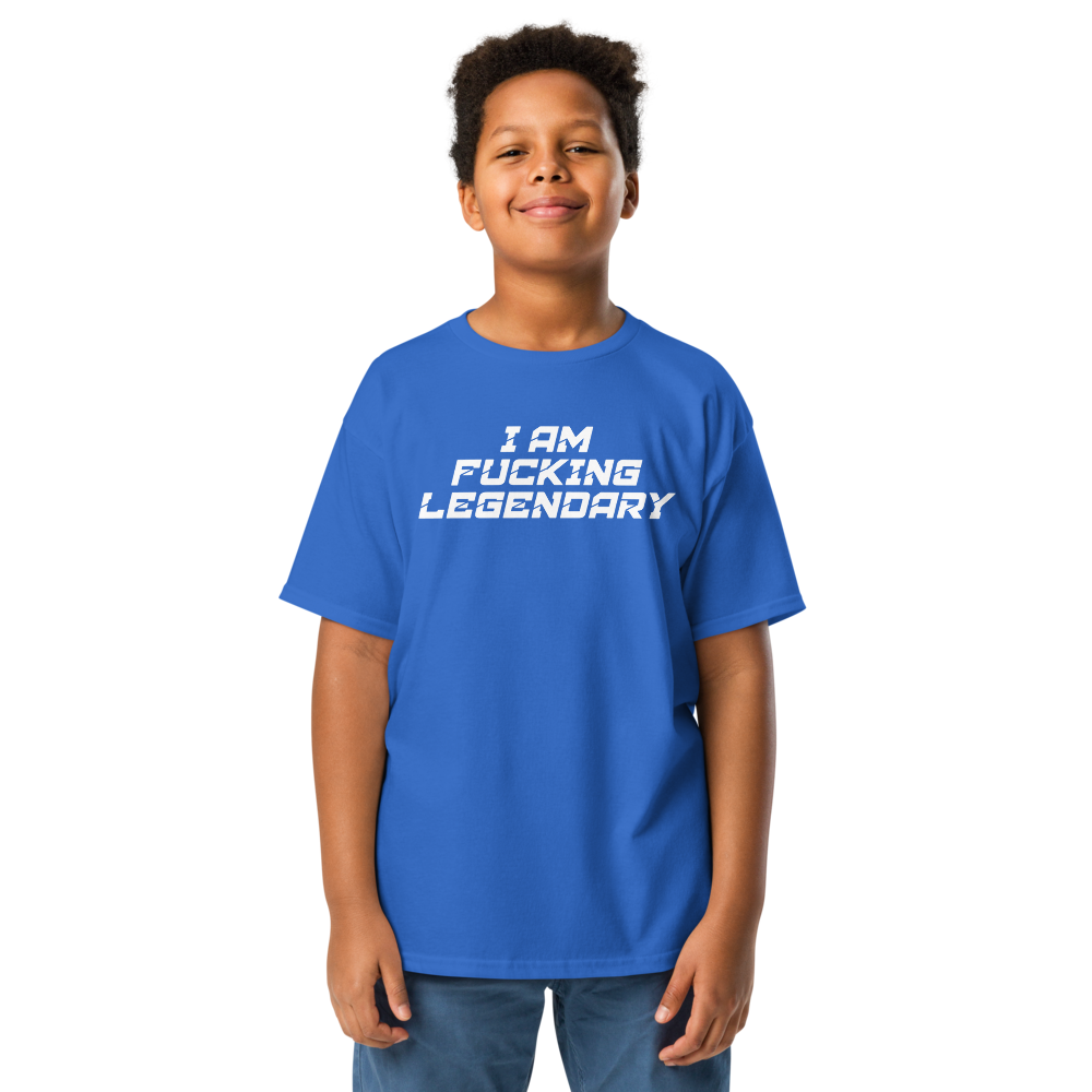 "I Am Fucking Legendary" printed on a royal youth classic tee worn by a male