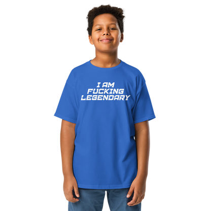"I Am Fucking Legendary" printed on a royal youth classic tee worn by a male