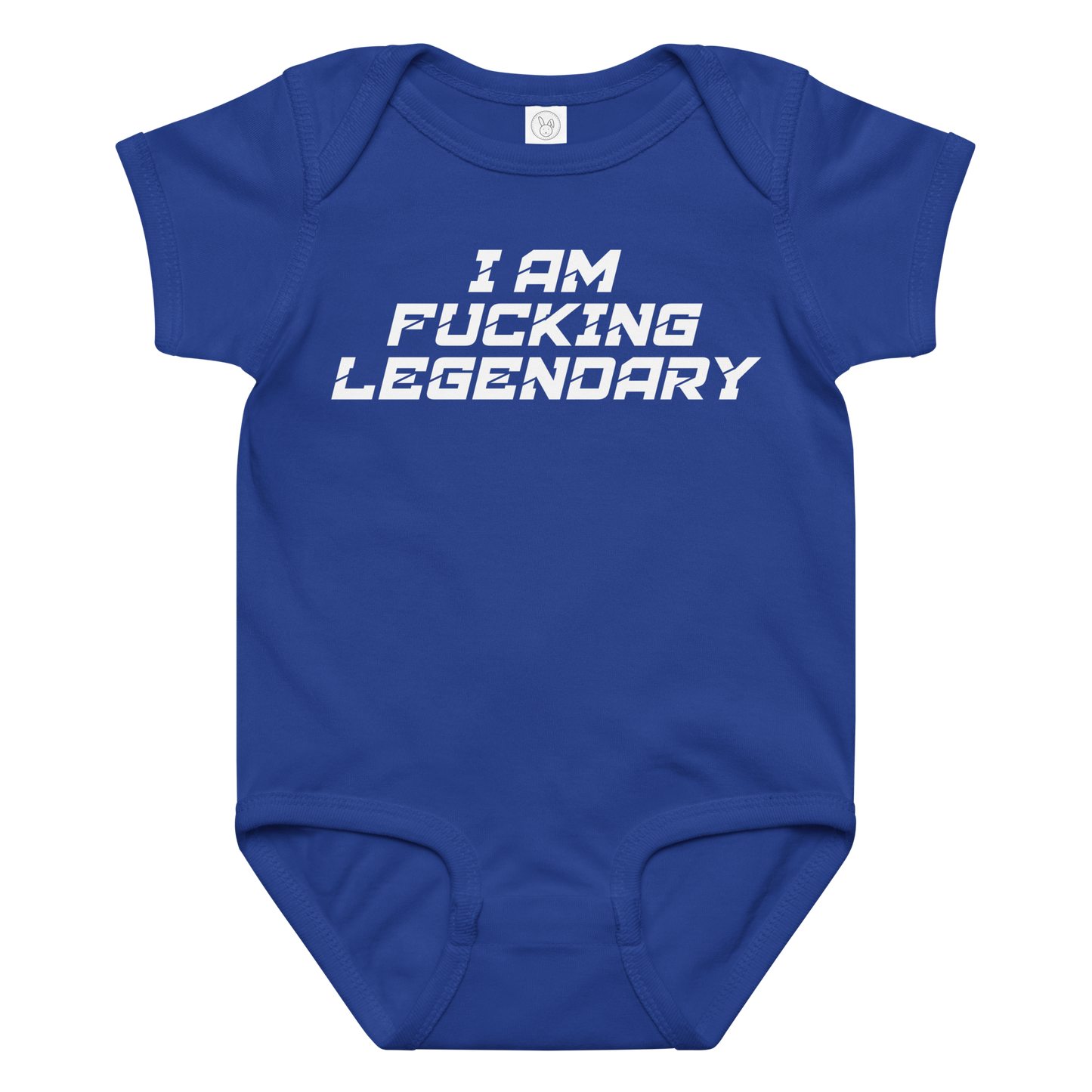 "I Am Fucking Legendary" printed on a royal baby jersey bodysuit laying on a flat surface amongst other clothes