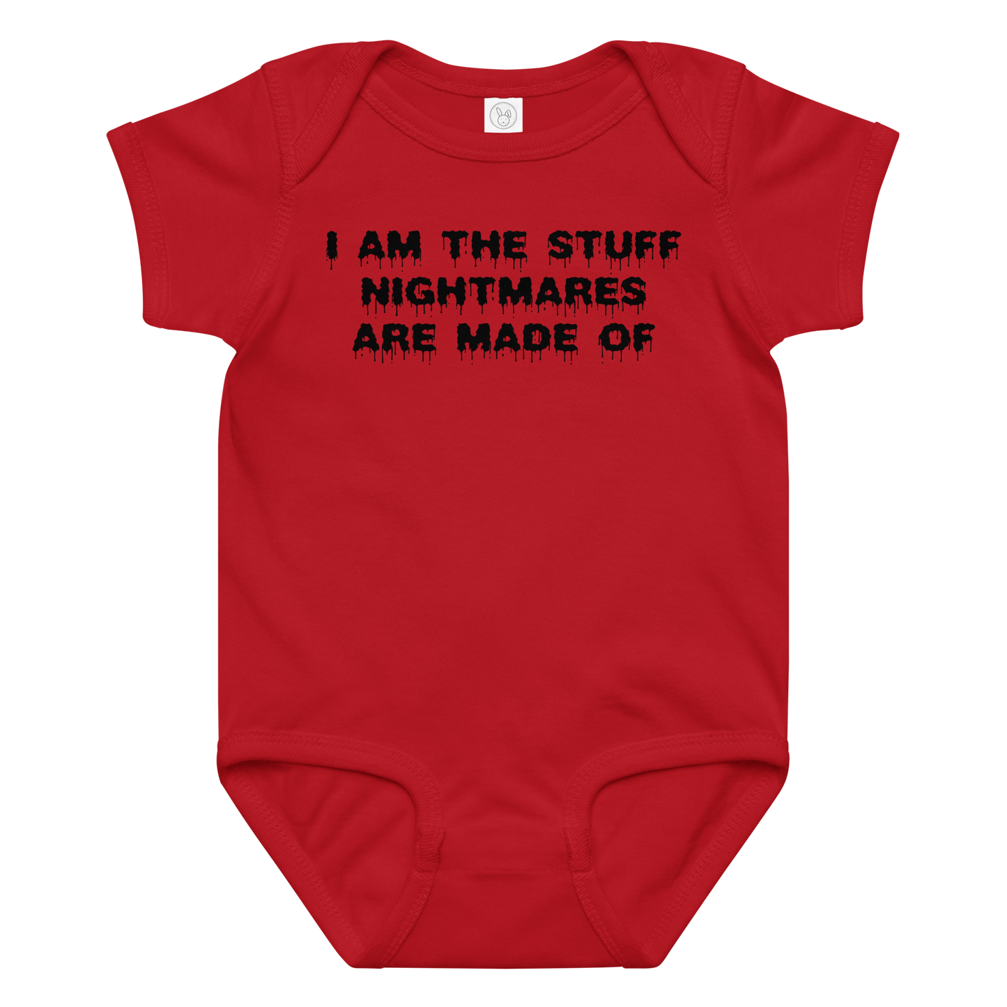"I am the stuff nightmares are made of" printed on a red baby jersey bodysuit laying on a flat surface amongst other clothes