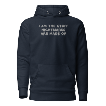 "I am the stuff nightmares are made of" printed on a navy blazer on an invisible / simulated body