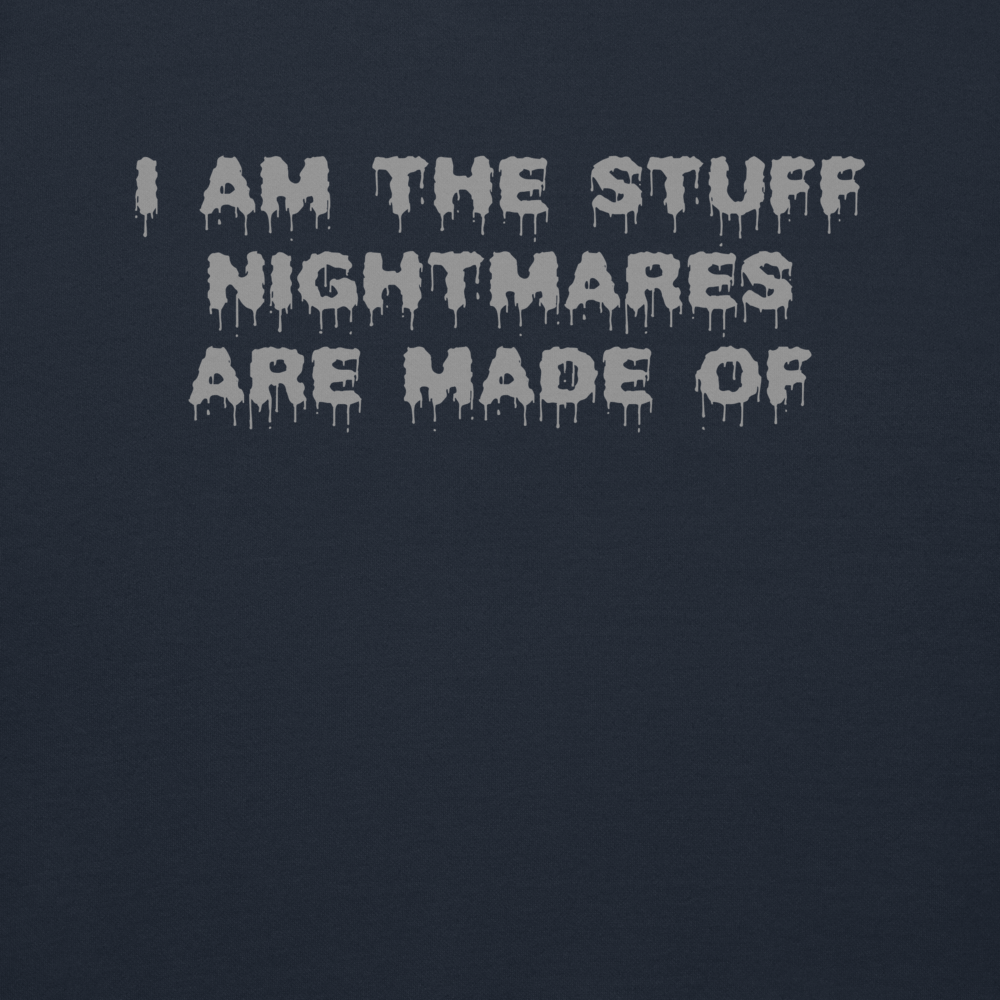 "I am the stuff nightmares are made of" printed on a navy blazer background
