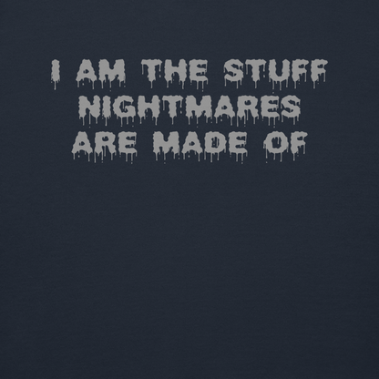 "I am the stuff nightmares are made of" printed on a navy blazer background