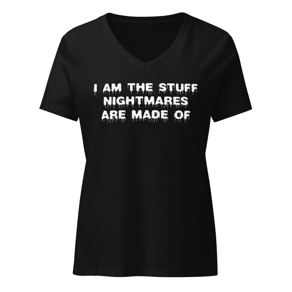 "I am the stuff nightmares are made of" printed on a solid black blend on an invisible / simulated body