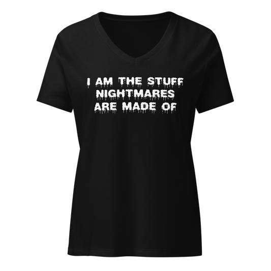 "I am the stuff nightmares are made of" printed on a solid black blend on an invisible / simulated body