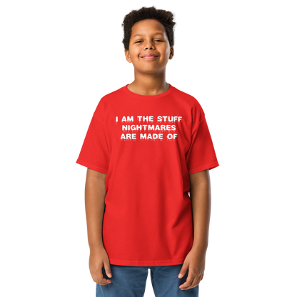 "I am the stuff nightmares are made of" printed on a red youth classic tee worn by a male