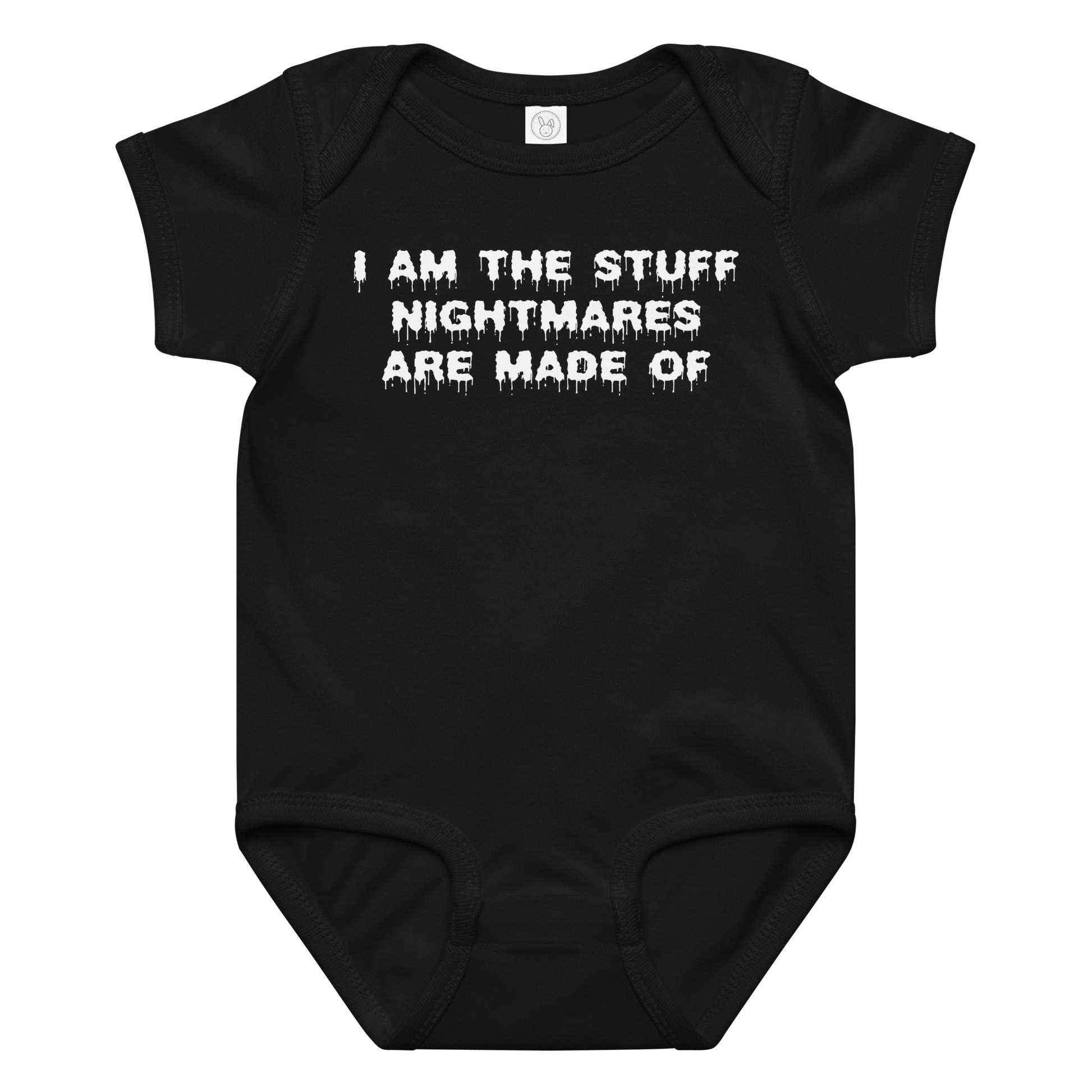 "I am the stuff nightmares are made of" printed on a black baby jersey bodysuit laying on a flat surface amongst other clothes
