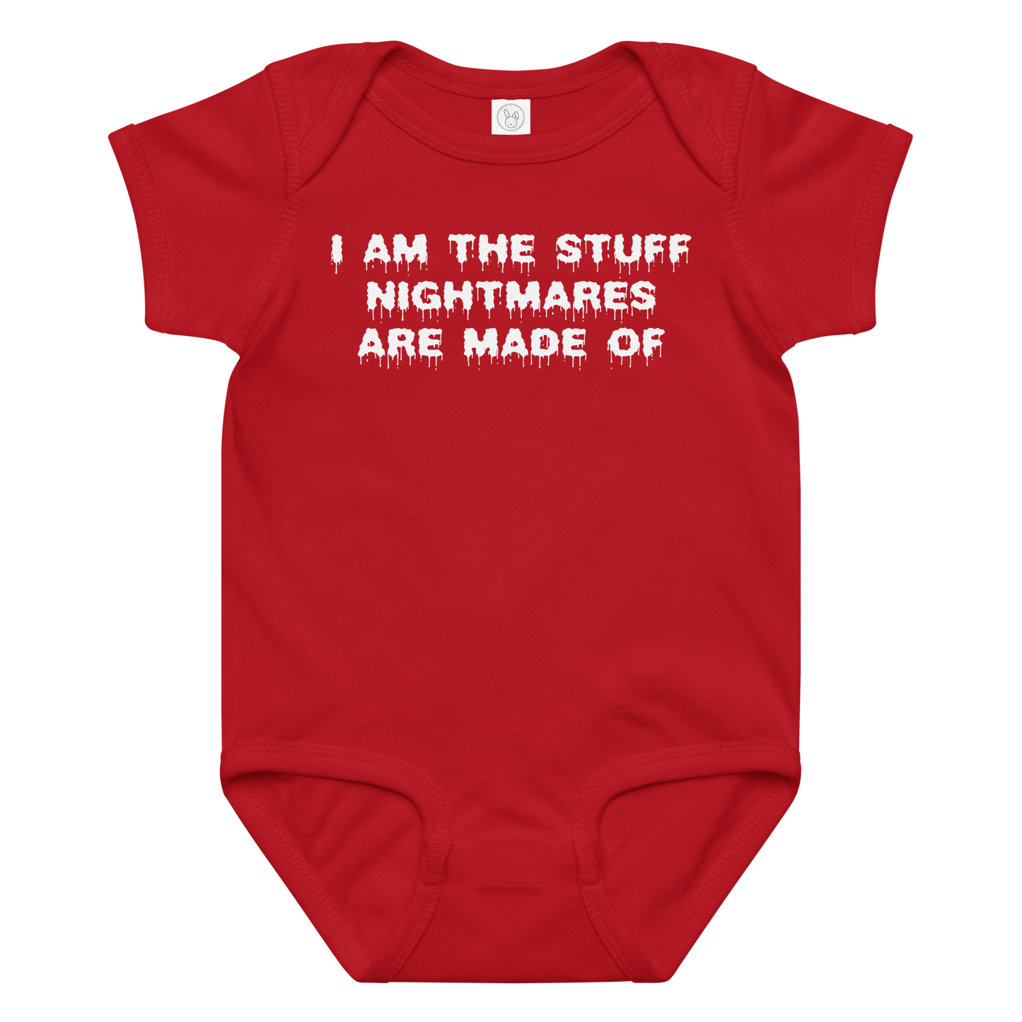 "I am the stuff nightmares are made of" printed on a red baby jersey bodysuit laying on a flat surface amongst other clothes