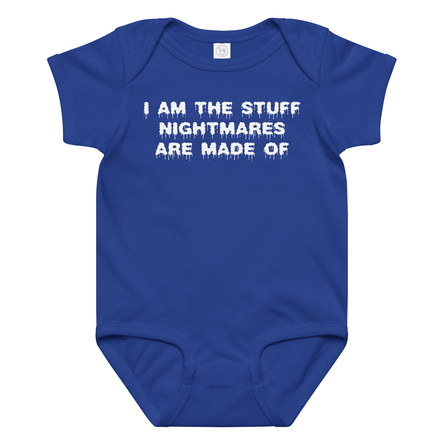 "I am the stuff nightmares are made of" printed on a royal baby jersey bodysuit laying on a flat surface amongst other clothes