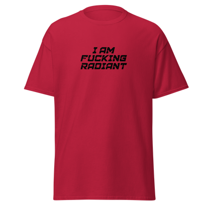 "I Am Fucking Radiant" printed on a cardinal on an invisible body