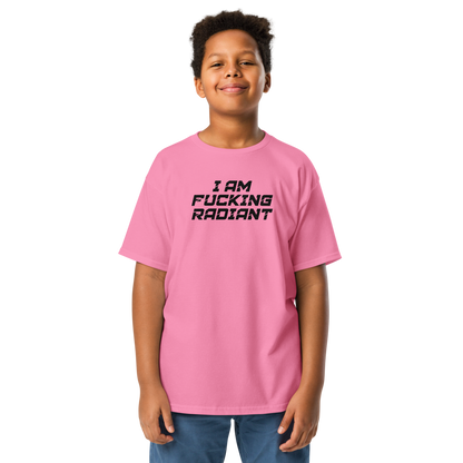 "I Am Fucking Radiant" printed on a azalea youth classic tee worn by a male