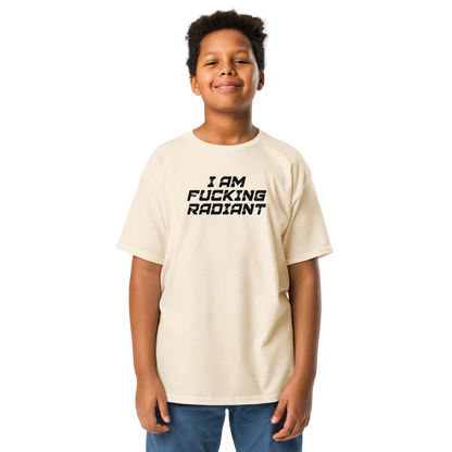 "I Am Fucking Radiant" printed on a natural youth classic tee worn by a male