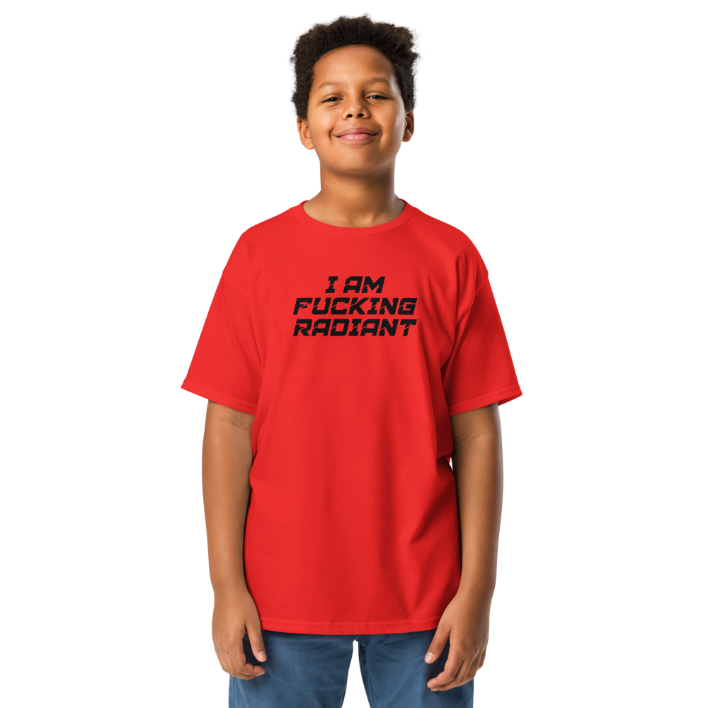 "I Am Fucking Radiant" printed on a red youth classic tee worn by a male