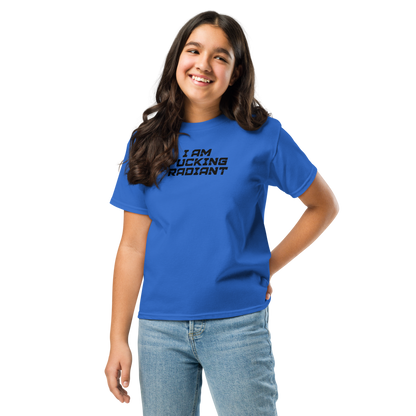 "I Am Fucking Radiant" printed on a royal youth classic tee worn by a female