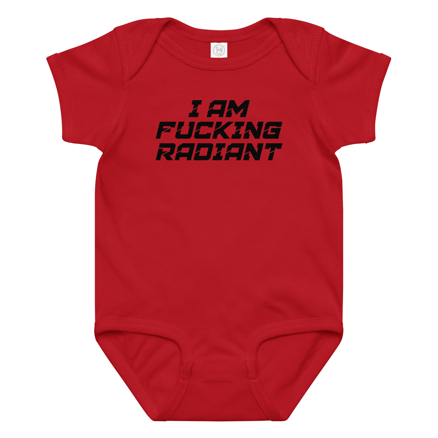 "I Am Fucking Radiant" printed on a red baby jersey bodysuit laying on a flat surface amongst other clothes