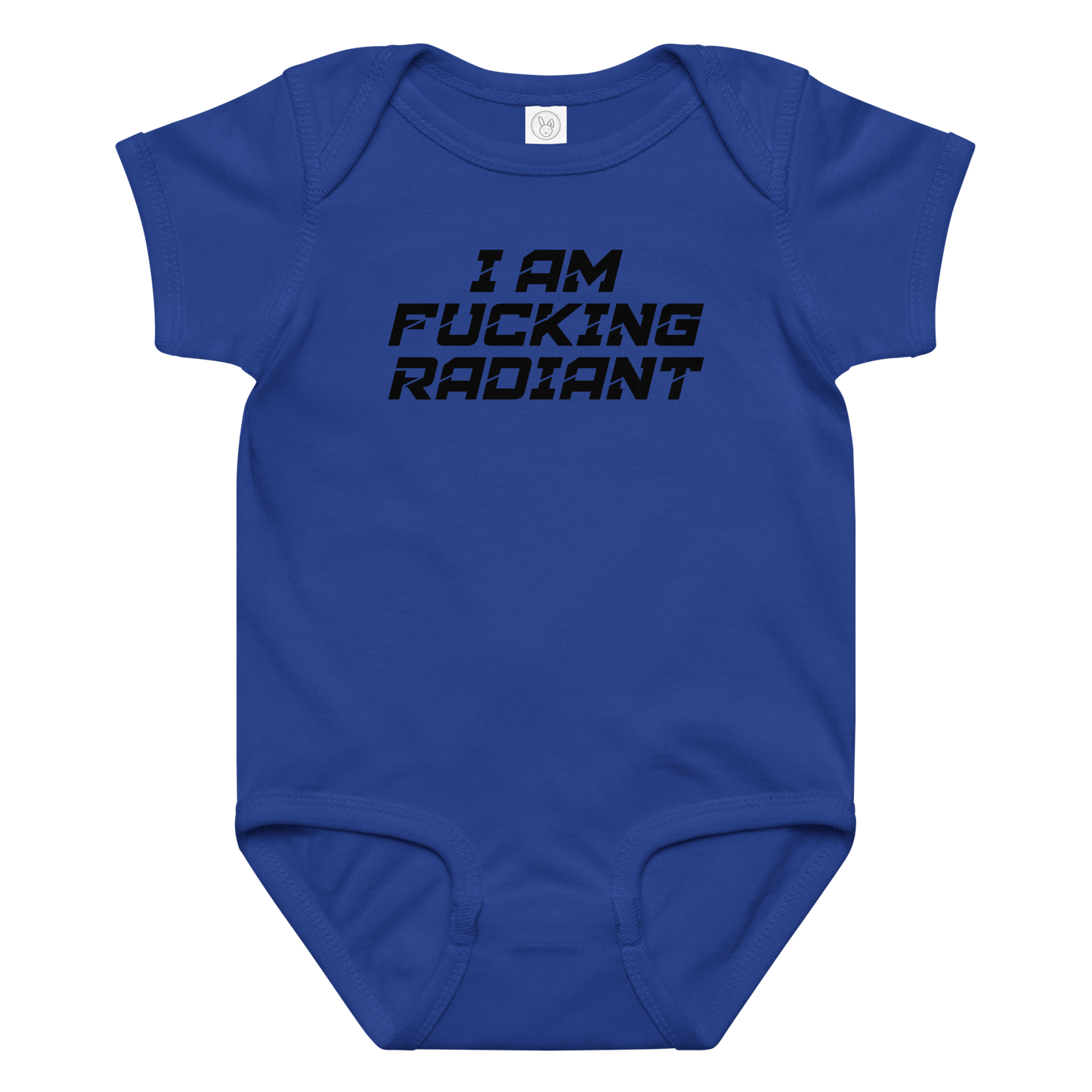 "I Am Fucking Radiant" printed on a royal baby jersey bodysuit laying on a flat surface amongst other clothes