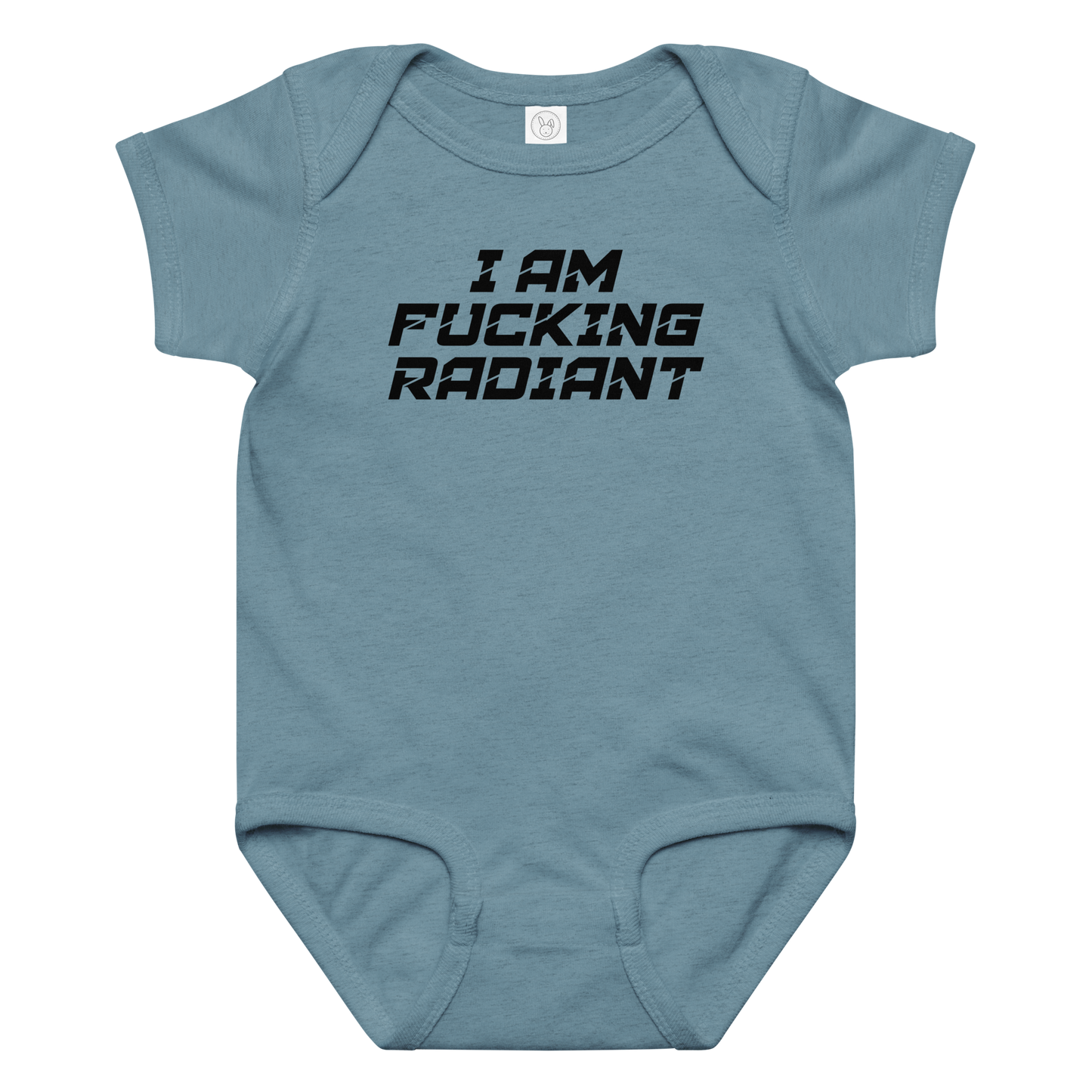 "I Am Fucking Radiant" printed on a vintage indigo baby jersey bodysuit laying on a flat surface amongst other clothes