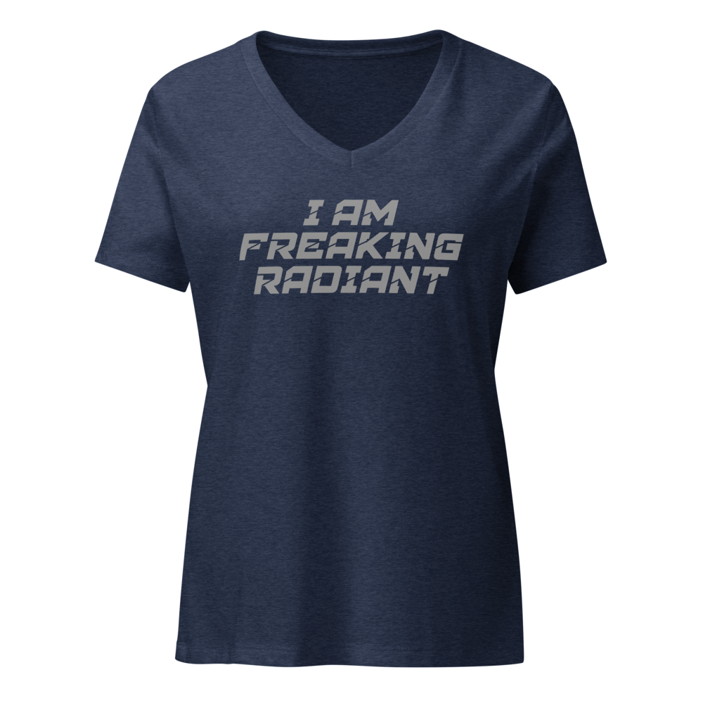 "I Am Freaking Radiant" printed on a heather navy on an invisible / simulated body