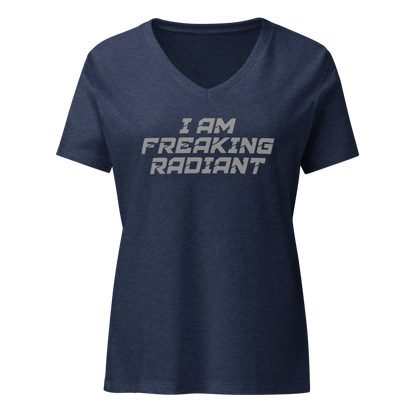 "I Am Freaking Radiant" printed on a heather navy on an invisible / simulated body