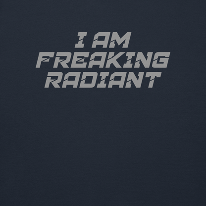 "I Am Freaking Radiant" printed on a navy blazer background