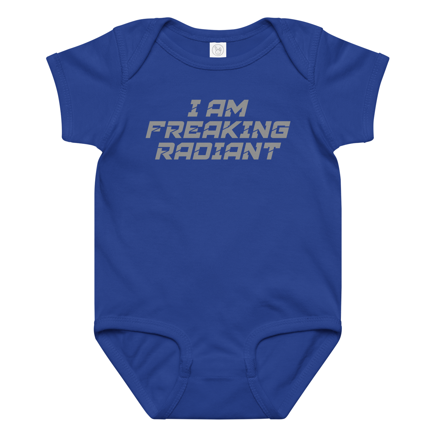 "I Am Freaking Radiant" printed on a royal baby jersey bodysuit laying on a flat surface amongst other clothes
