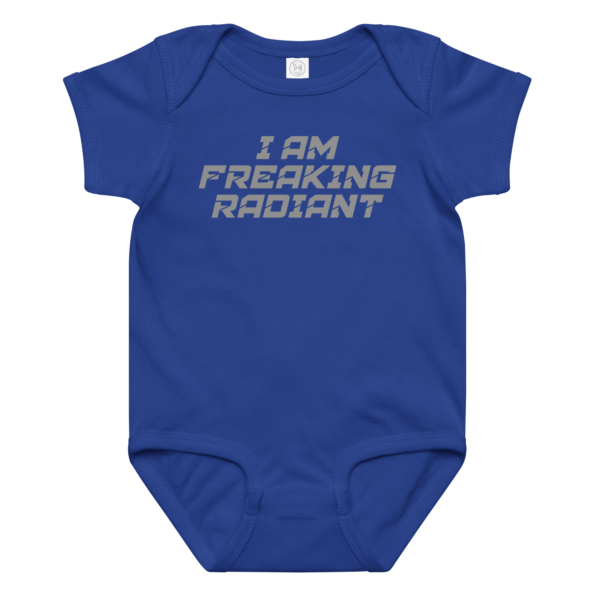 "I Am Freaking Radiant" printed on a royal baby jersey bodysuit laying on a flat surface amongst other clothes