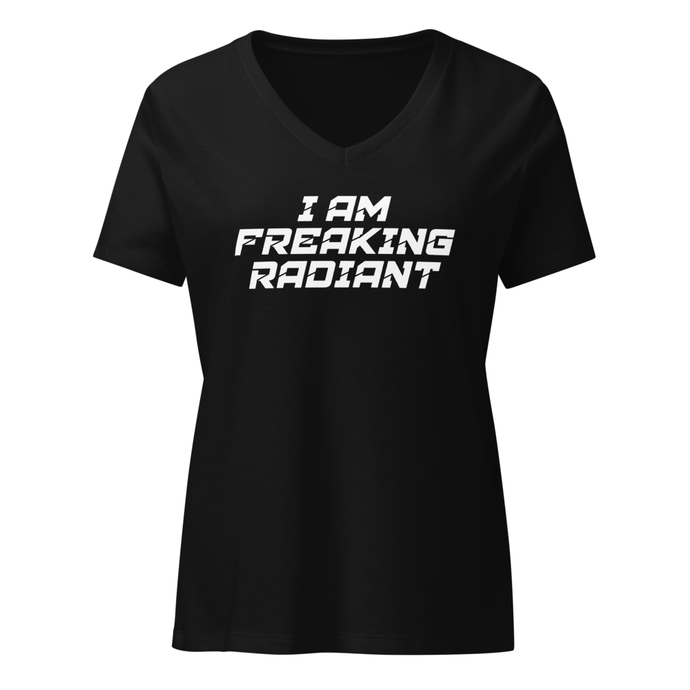 "I Am Freaking Radiant" printed on a solid black blend on an invisible / simulated body