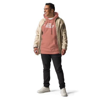 "I Am Freaking Radiant" printed on a dusty rose unisex hoodie worn by a male with a jacket on top