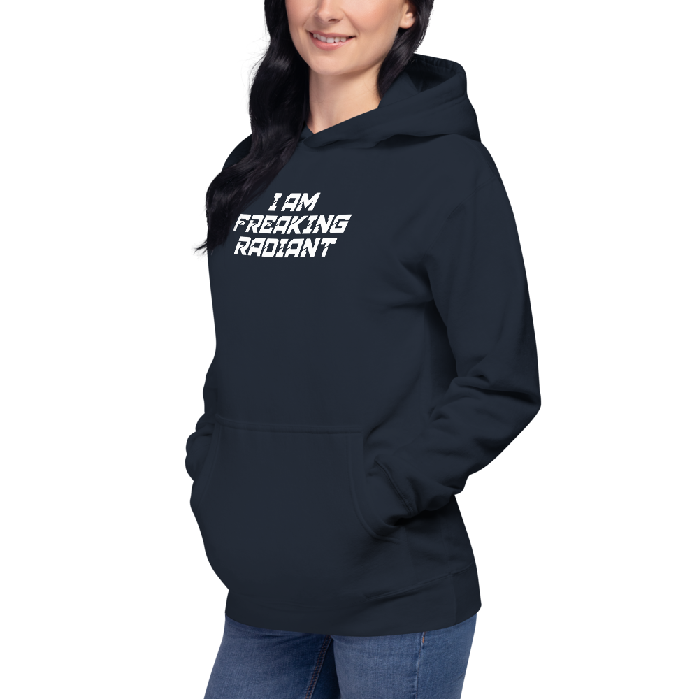 "I Am Freaking Radiant" printed on a navy blazer unisex hoodie worn by a female