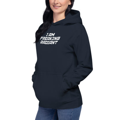 "I Am Freaking Radiant" printed on a navy blazer unisex hoodie worn by a female