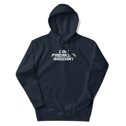 "I Am Freaking Radiant" printed on a navy blazer unisex hoodie laying on a flat surface with the hood up