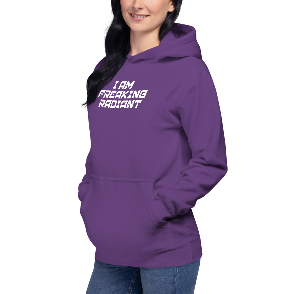 "I Am Freaking Radiant" printed on a purple unisex hoodie worn by a female