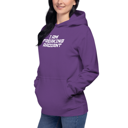 "I Am Freaking Radiant" printed on a purple unisex hoodie worn by a female