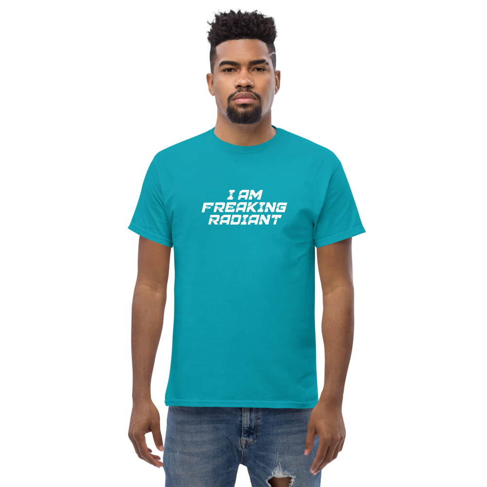 "I Am Freaking Radiant" printed on a tropical blue unisex classic tee worn by a male