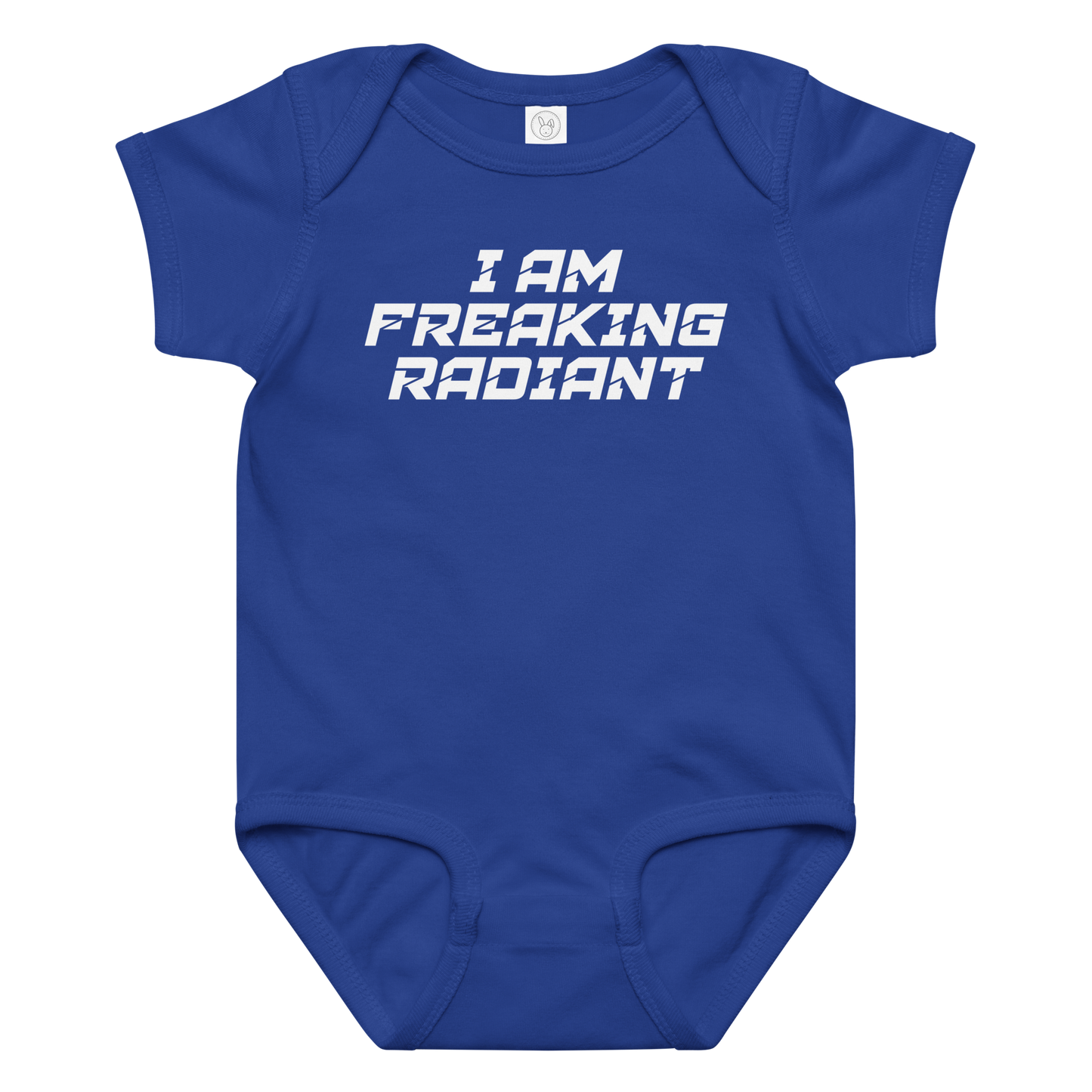 "I Am Freaking Radiant" printed on a royal baby jersey bodysuit laying on a flat surface amongst other clothes