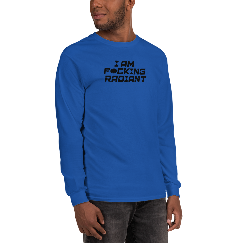 "I Am F*cking Radiant" printed on a royal men's long sleeve shirt worn by a male