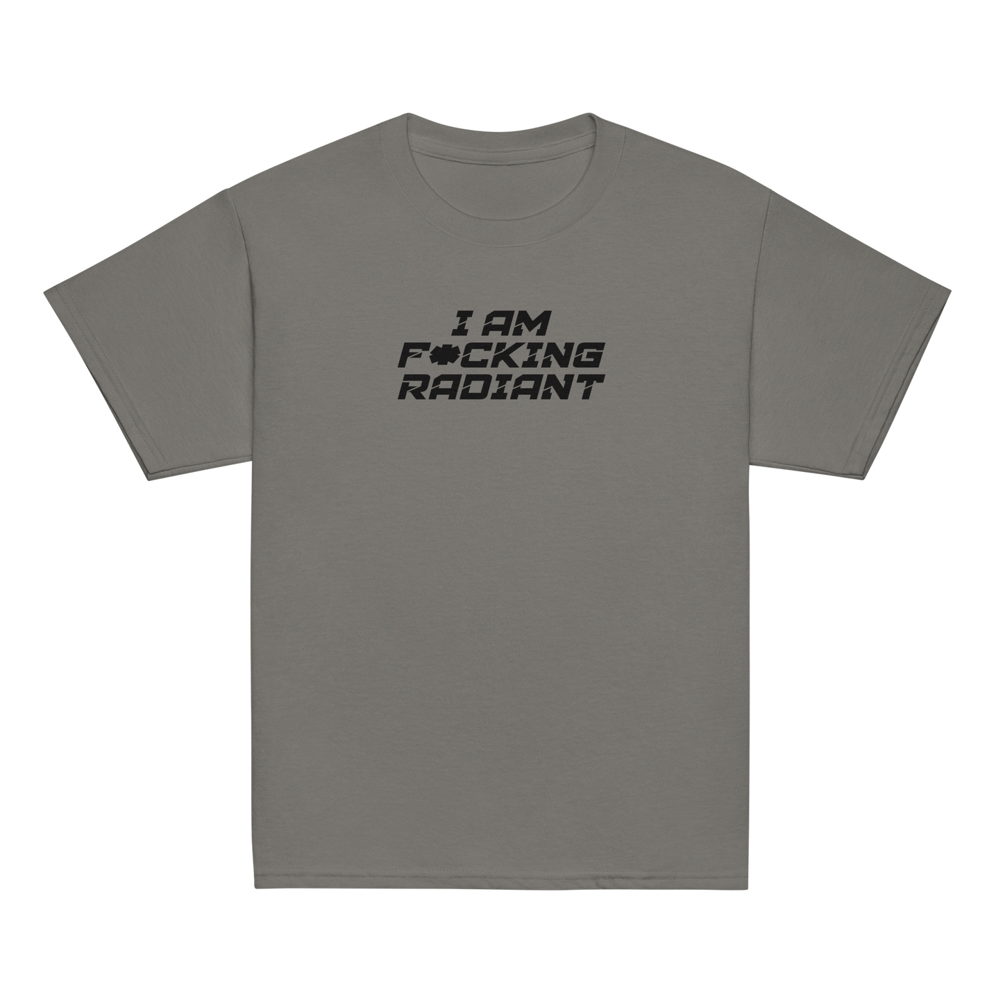 "I Am F*cking Radiant" printed on a charcoal youth classic tee laying on a flat surface