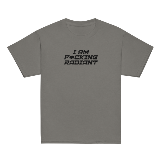 "I Am F*cking Radiant" printed on a charcoal youth classic tee laying on a flat surface