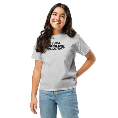 "I Am F*cking Radiant" printed on a sport grey youth classic tee worn by a female