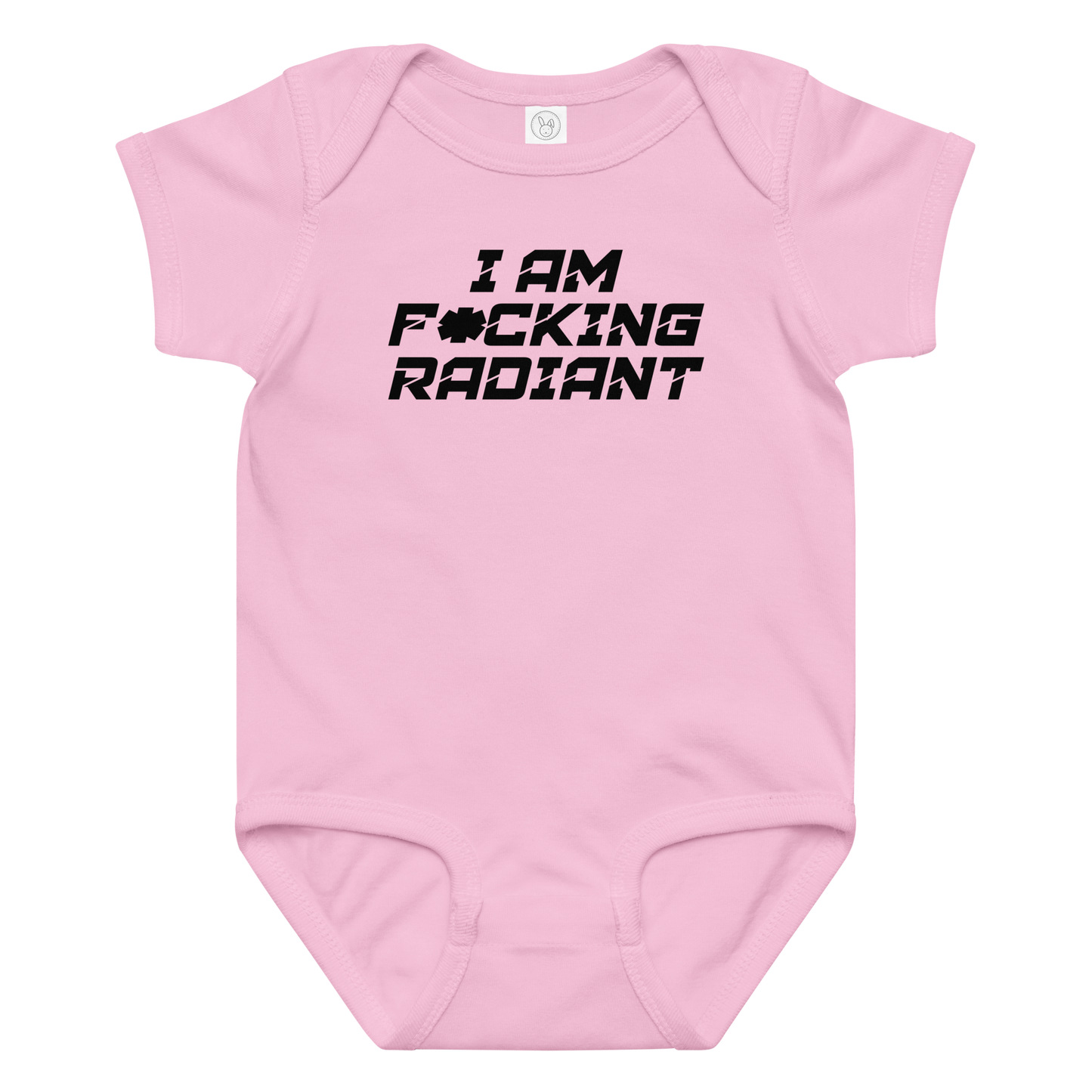 "I Am F*cking Radiant" printed on a pink baby jersey bodysuit laying on a flat surface amongst other clothes