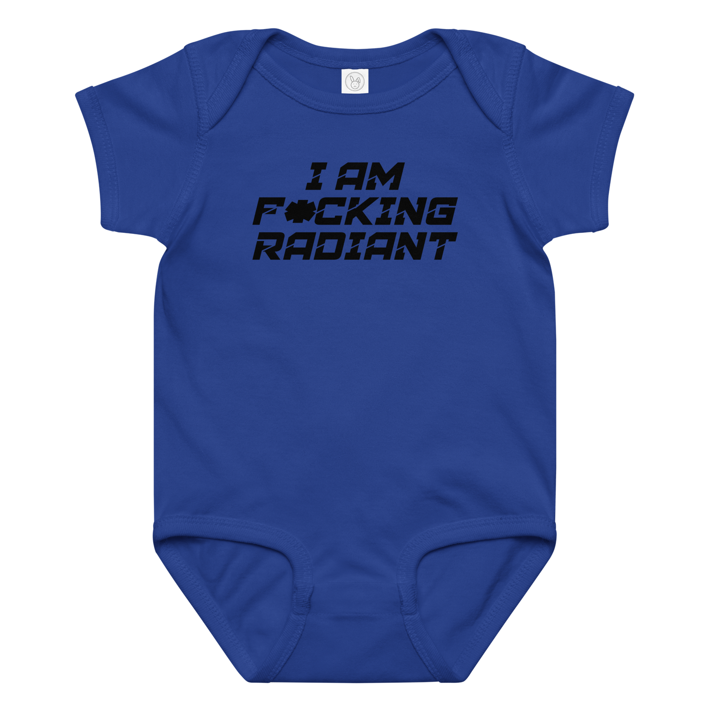 "I Am F*cking Radiant" printed on a royal baby jersey bodysuit laying on a flat surface amongst other clothes