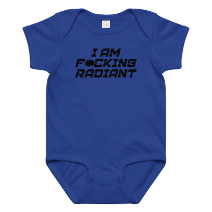 "I Am F*cking Radiant" printed on a royal baby jersey bodysuit laying on a flat surface amongst other clothes