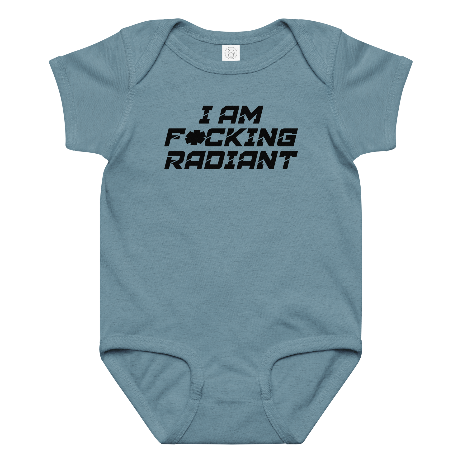 "I Am F*cking Radiant" printed on a vintage indigo baby jersey bodysuit laying on a flat surface amongst other clothes
