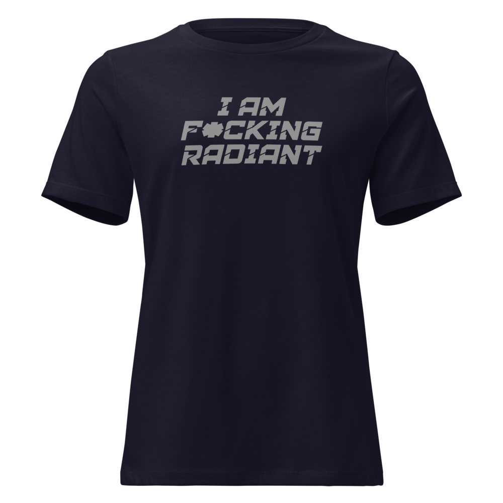 "I Am F*cking Radiant" printed on a navy on an invisible / simulated body