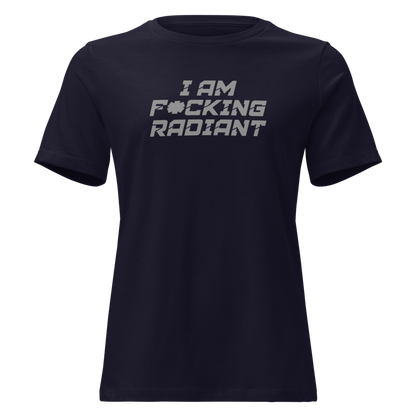"I Am F*cking Radiant" printed on a navy on an invisible / simulated body
