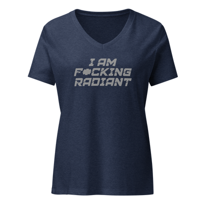 "I Am F*cking Radiant" printed on a heather navy on an invisible / simulated body